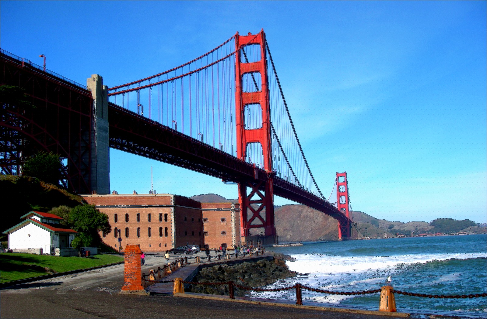 Stylized view of the Golden Gate Bridge and Fort Point in San Francisco