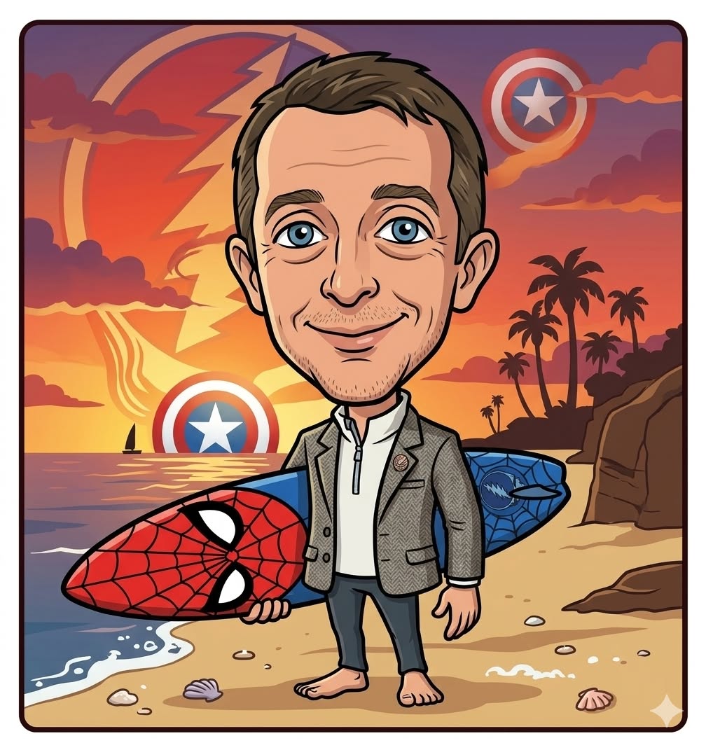 Sean’s comic-style avatar on a California beach