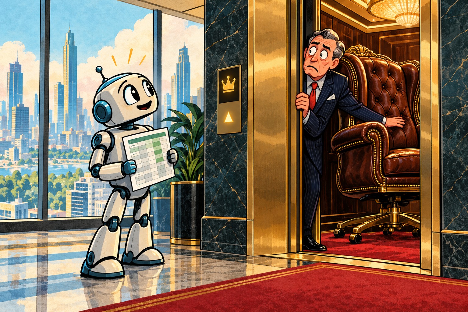 A robot at the executive elevator while an executive guards a fancy chair