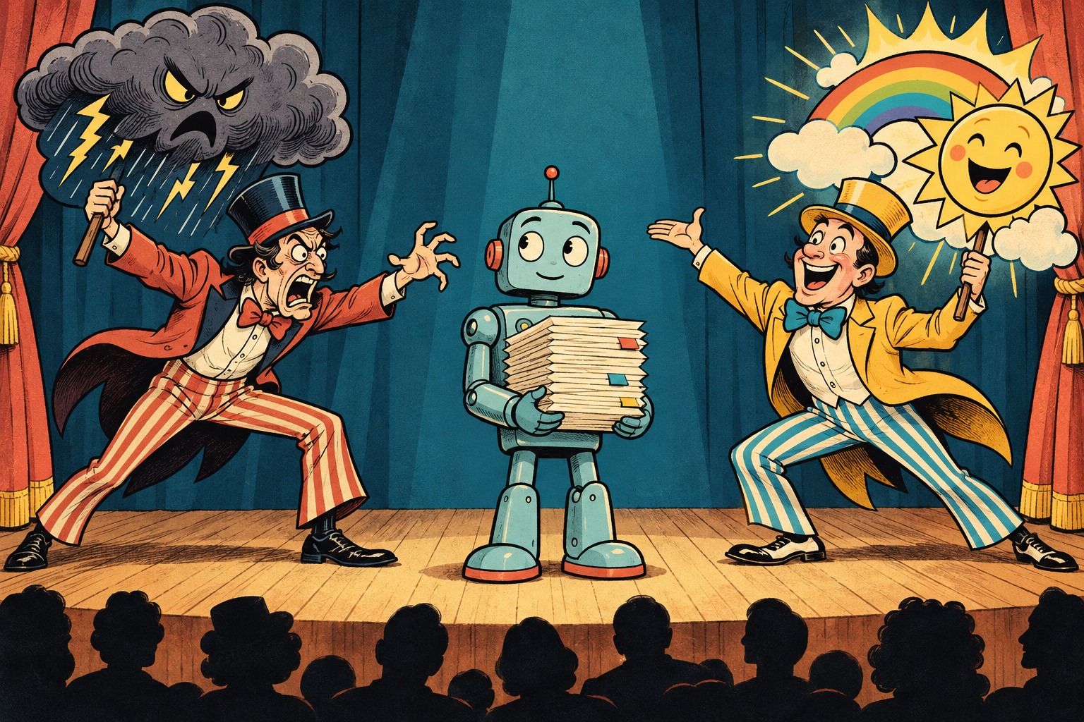 A robot between exaggerated doom and miracle salespeople