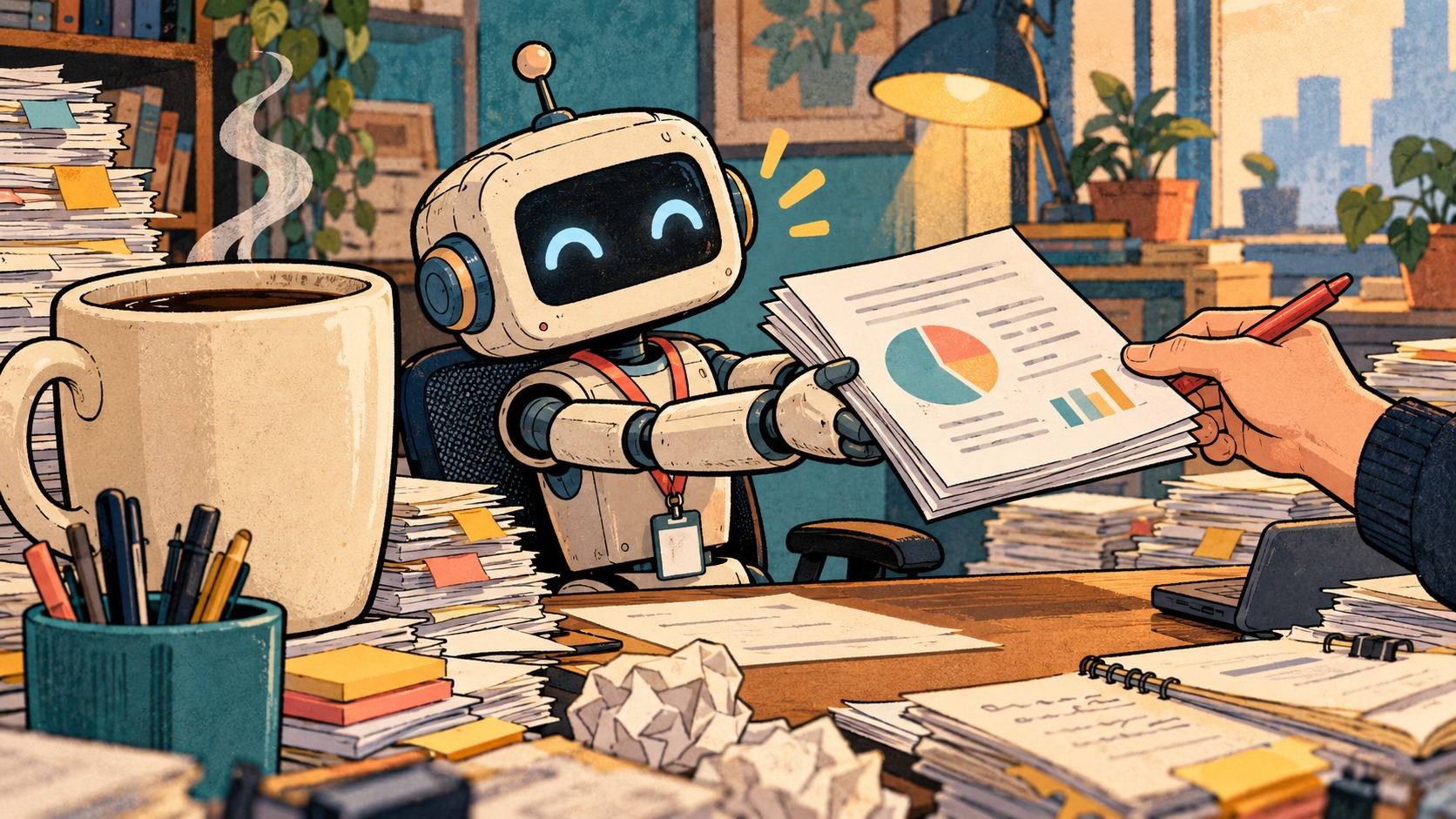 A cheerful robot intern hands over a report for human review